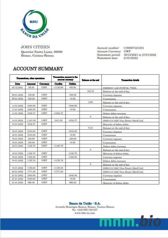 Gwinea Bissau Banco da Uniao wyciąg bankowy xls